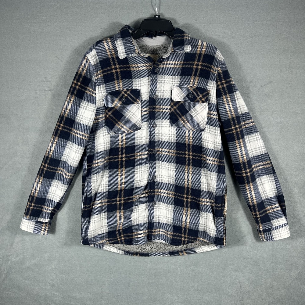 Boston Traders Men's M Medium Blue White‎ Tan Plaid Fleece Lined Shacket Button